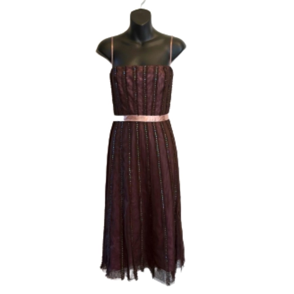 BCBGMaxazria sequined plum purple tulle brown midi dress size XS